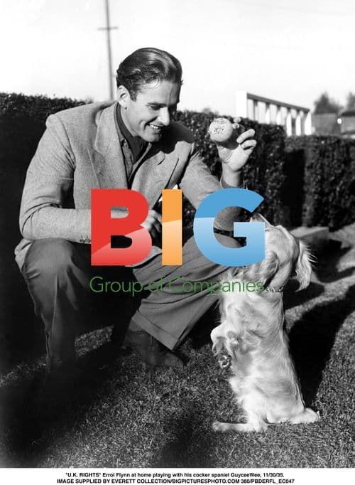 Errol Flynn playing with dog at home