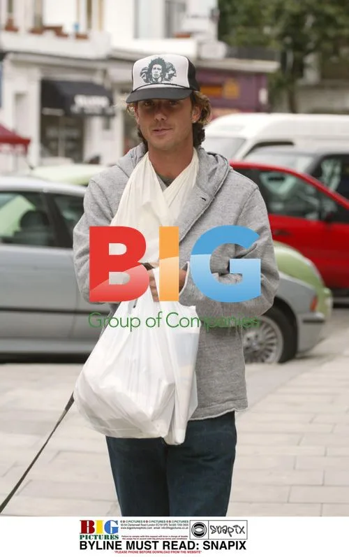 GAVIN ROSSDALE walks dog with injured arm