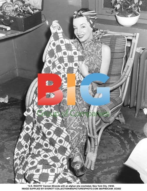 Carmen Miranda crochets Afghan in NYC