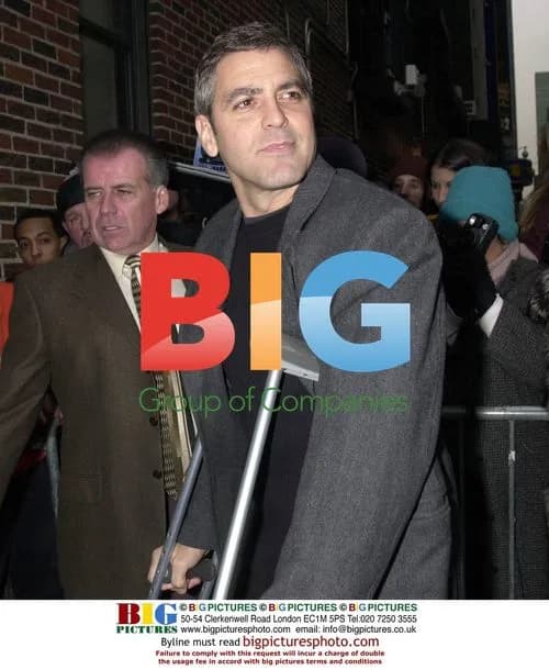 George Clooney on crutches at Letterman taping