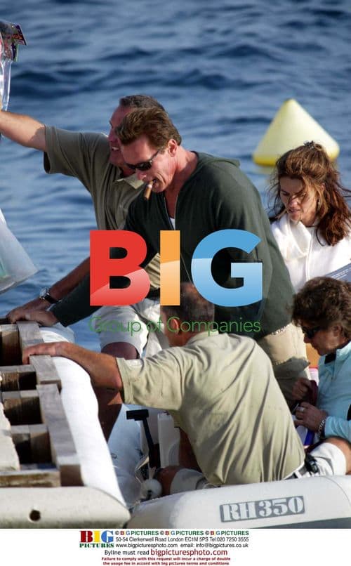 Arnold Schwarzenegger arrives by boat in Antibes