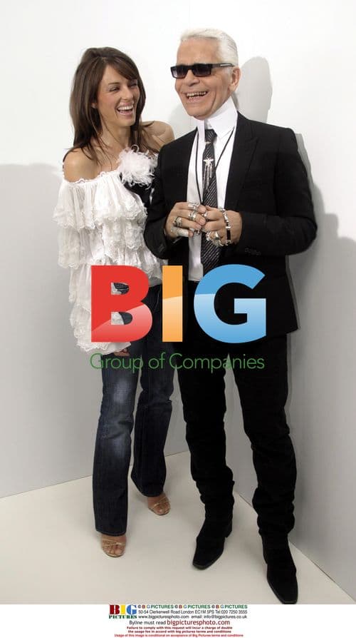 Liz Hurley and Karl Lagerfeld at Paris Fashion Week