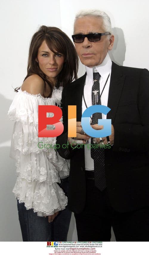 Liz Hurley and Karl Largafeld at Paris Fashion Week