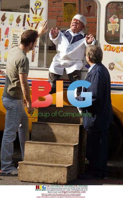 Actors Danny Dyer, Sylvester McCoy, and Kenny Baker on film set