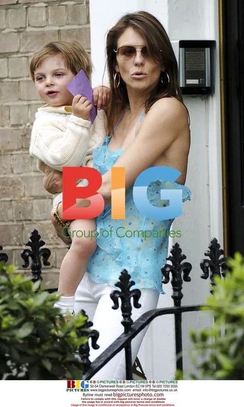 Liz Hurley Departs Home with Son and Lover