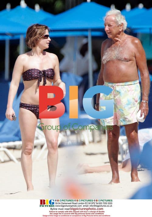 Emma Forbes on beach with Micheal Winner