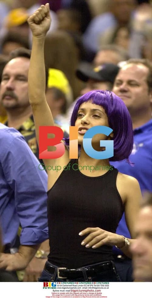 Salma Hayek Cheers on Lakers in Purple Wig