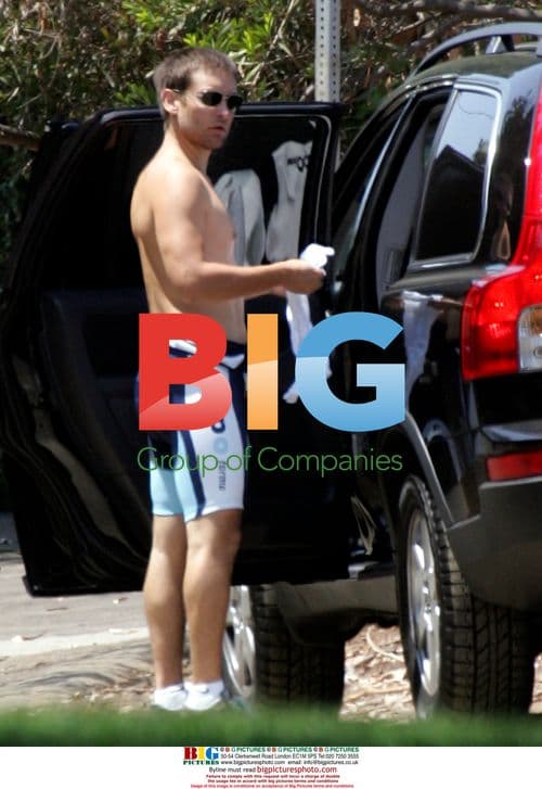 Tobey Maguire rides bike in Brentwood, CA