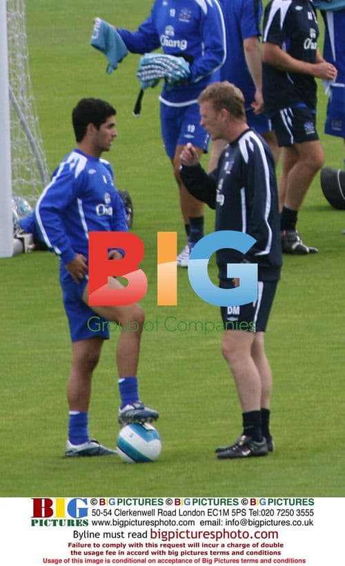 Mikel Arteta discussing thigh with David Moyes