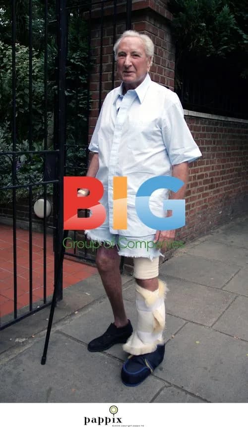 Michael Winner outside home with cane
