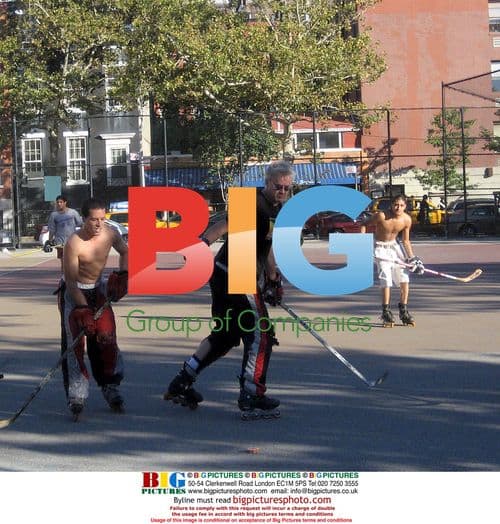 Tim Robbins Playing Roller Skate Hockey in NYC Park