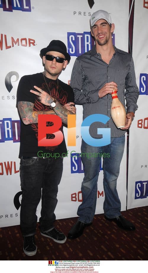 Benji Madden and Michael Phelps at Bowlmor Lanes