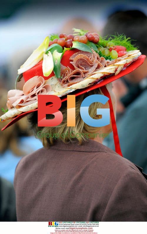 Spectators wear fancy hats at Belgian horse race