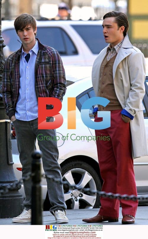Chase Crawford and Ed Westwick on "Gossip Girl" set