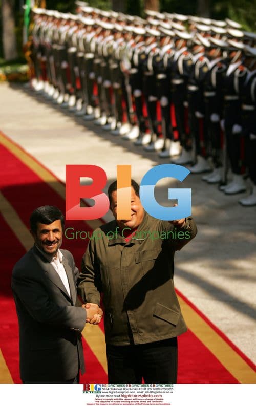 Ahmadinejad and Chavez at welcoming ceremony in Tehran