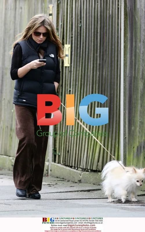 Geri Halliwell walking dog, texting in London