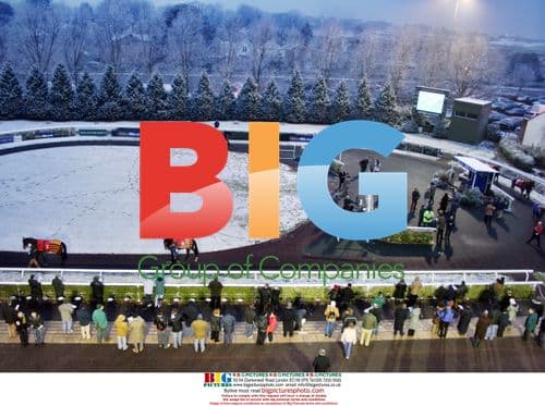 Horse racing in the snow at Kempton Park